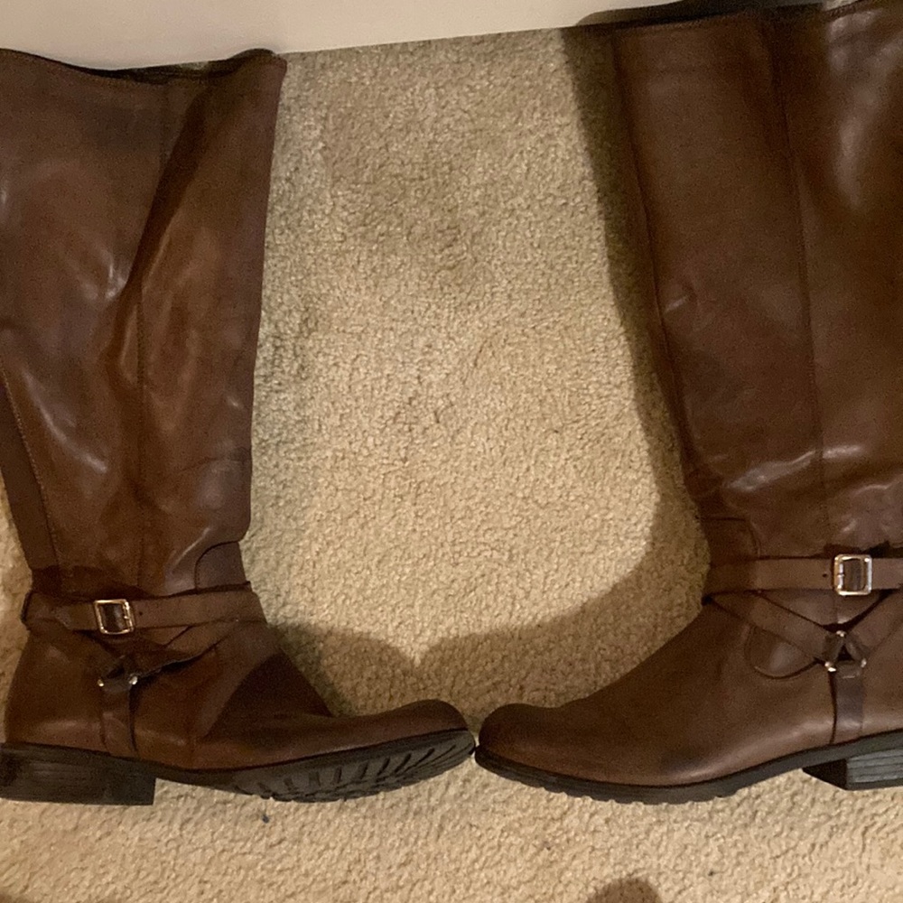 Style & Co distressed brown riding boot with gold buckle detail,size 8.5